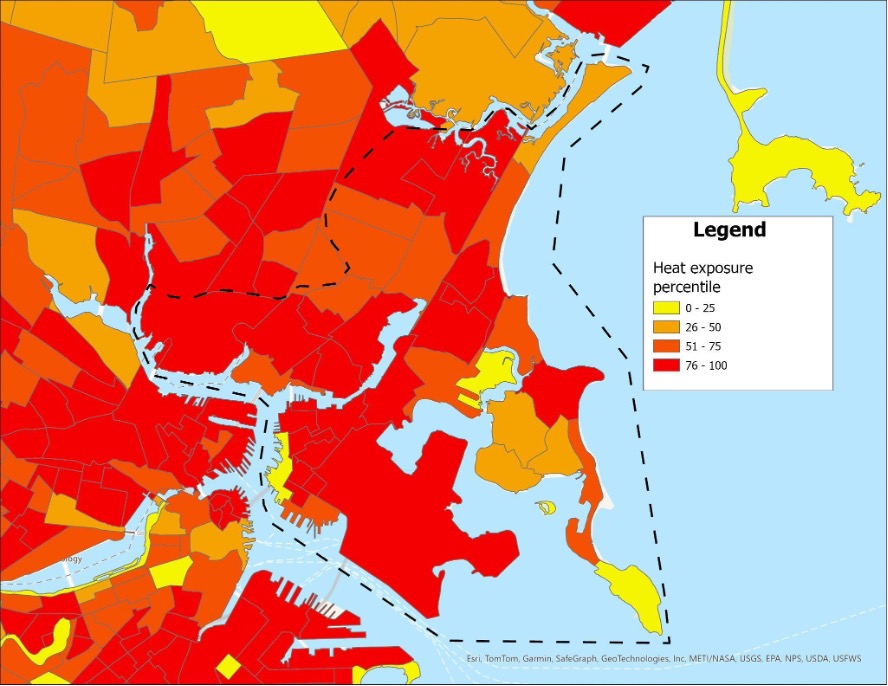 Figure presents heat exposure percentile for the Boston Region Metropolitan Planning Organization with study area highlighted